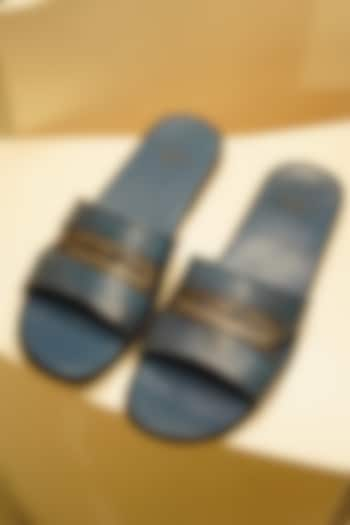 Teal Blue Leather Slippers by Jatin Malik at Pernia's Pop Up Shop