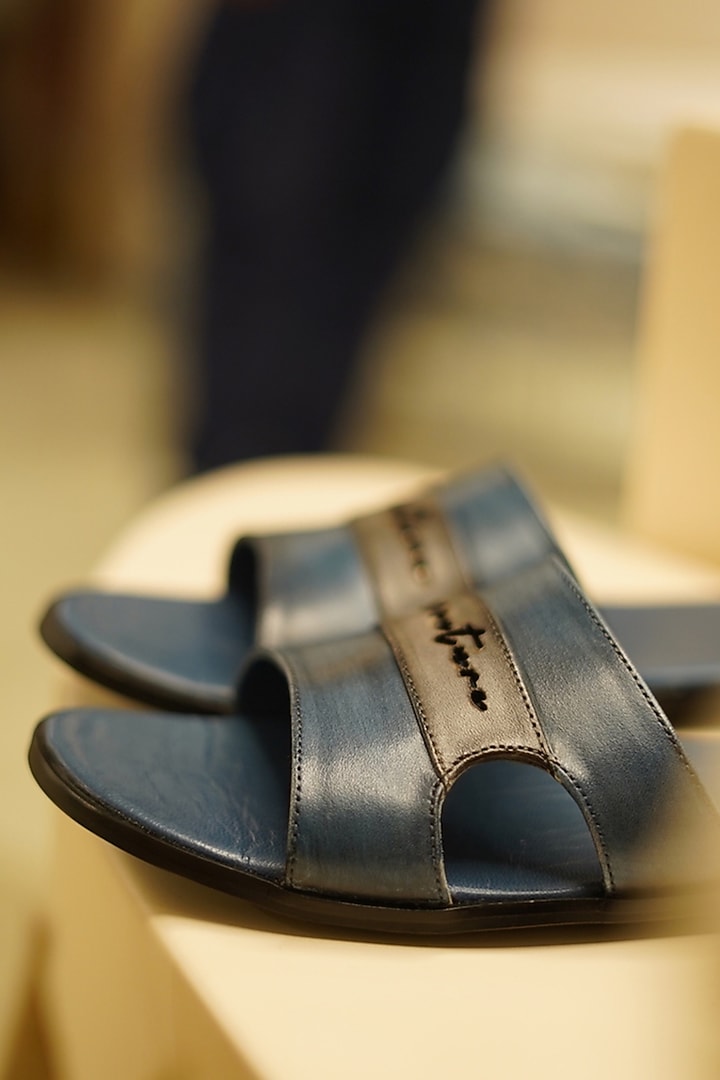 Teal Blue Leather Slippers by Jatin Malik at Pernia's Pop Up Shop