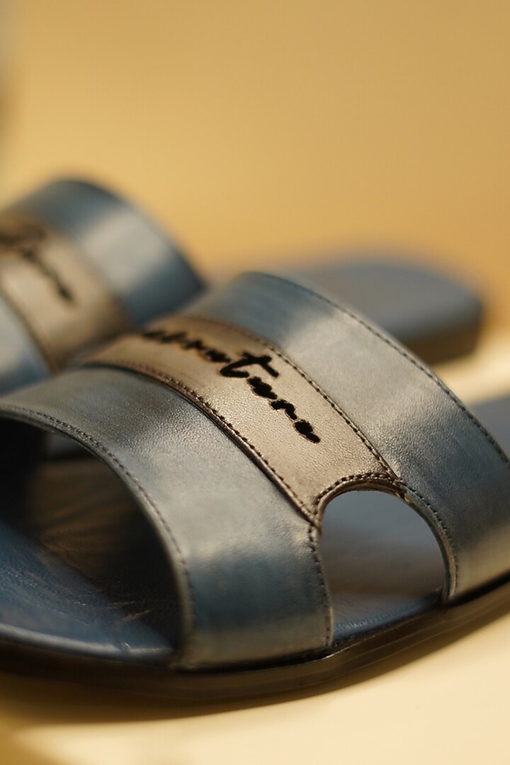 Teal Blue Leather Slippers by Jatin Malik at Pernia's Pop Up Shop
