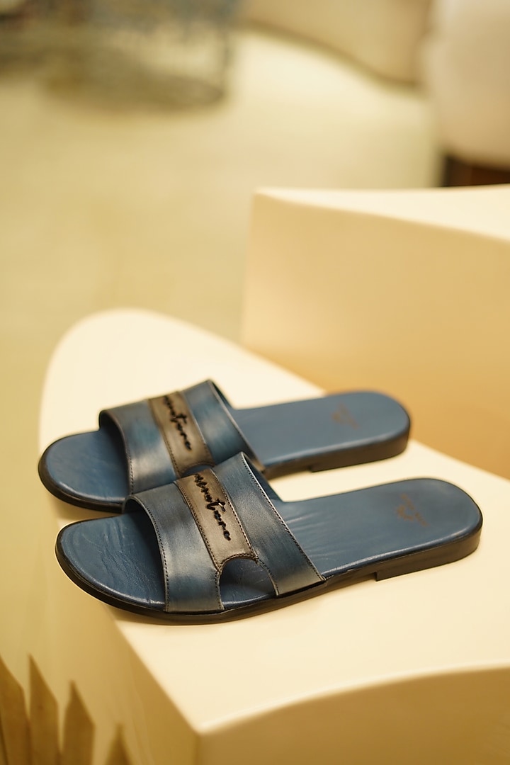 Teal Blue Leather Slippers by Jatin Malik at Pernia's Pop Up Shop