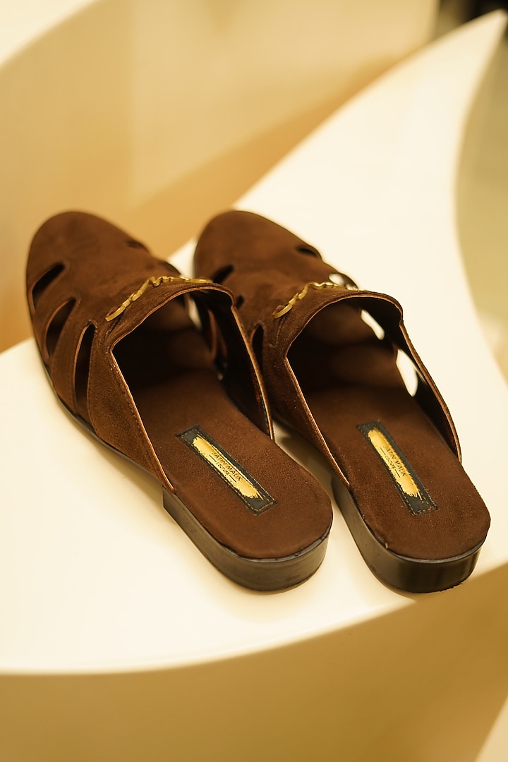 Brown Suede Handmade Mules by Jatin Malik at Pernia's Pop Up Shop