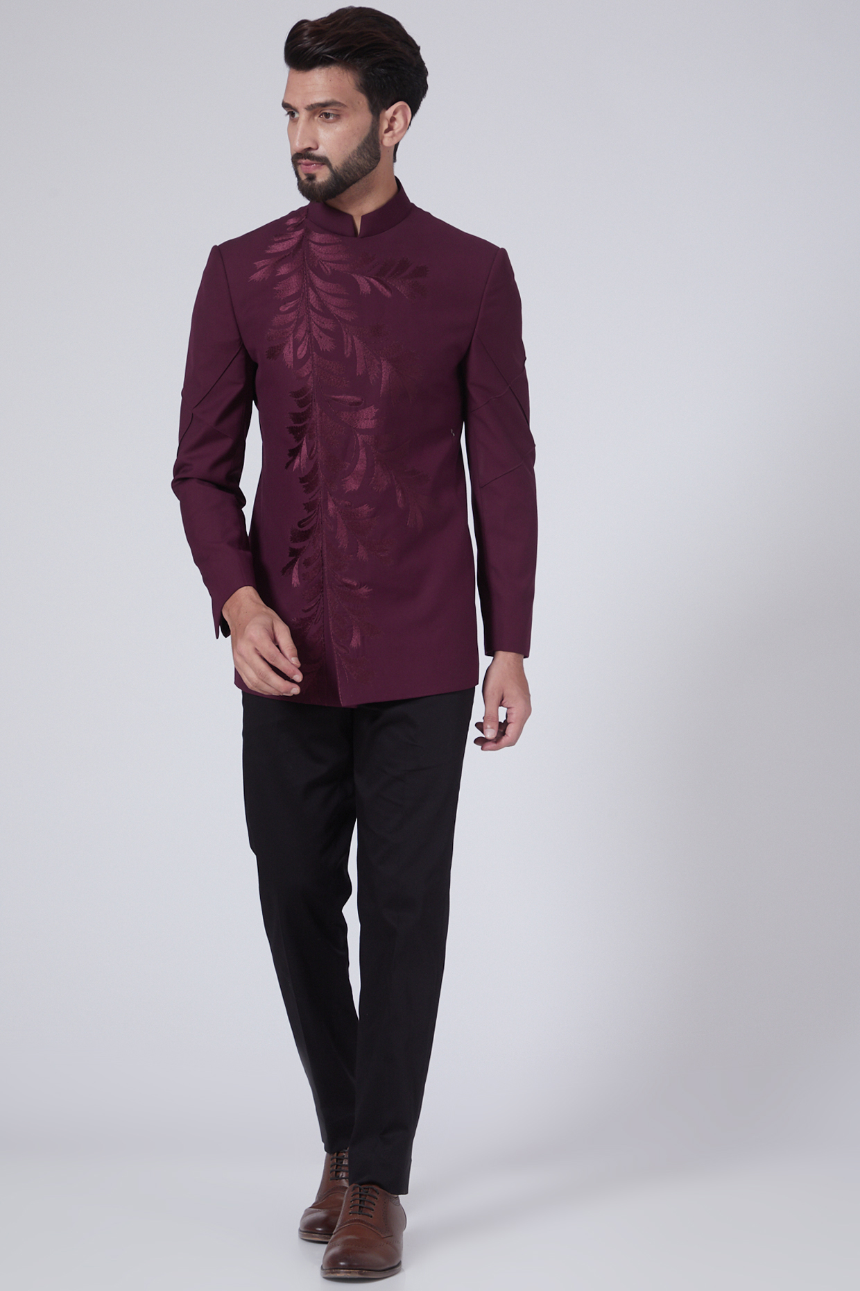 Wine Embroidered Bandhgala Jacket by Jatin Malik