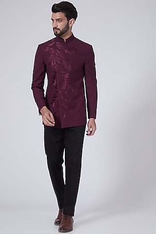 Wine Embroidered Bandhgala Jacket by Jatin Malik