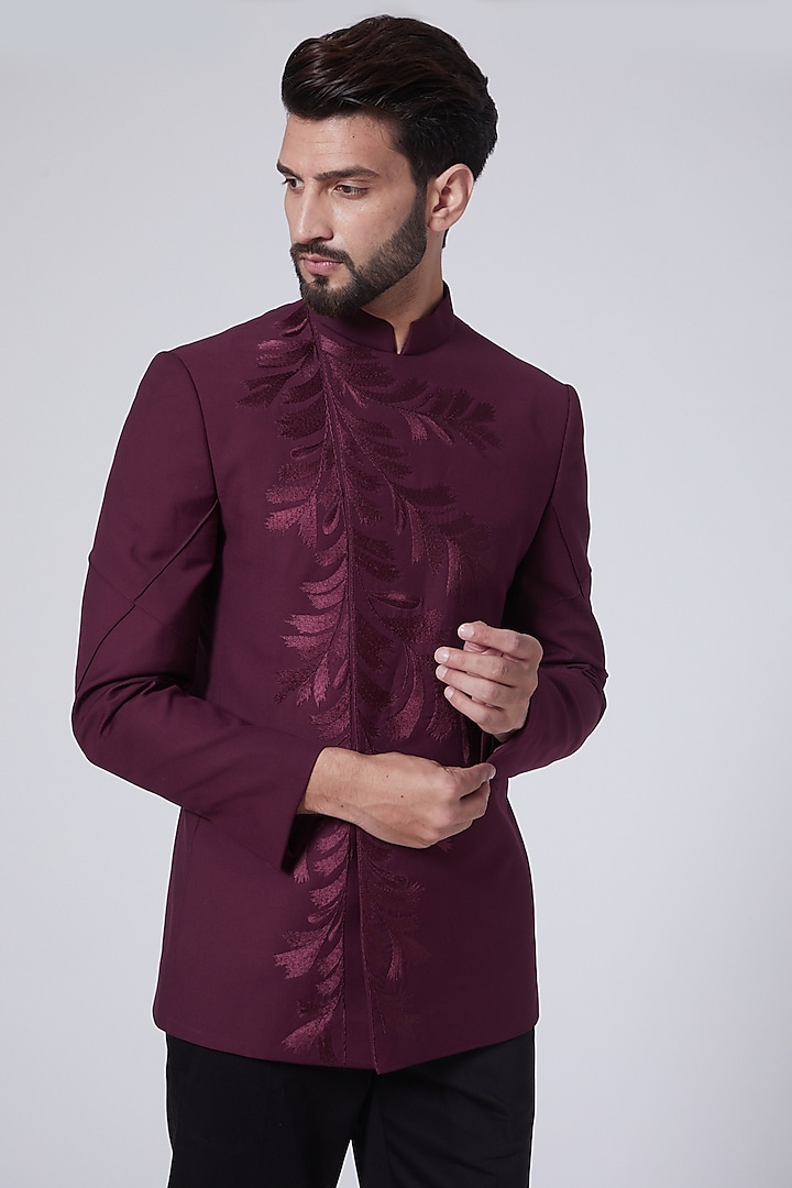 Wine Embroidered Wedding Bandhgala Jacket by Jatin Malik at Pernia's Pop Up Shop