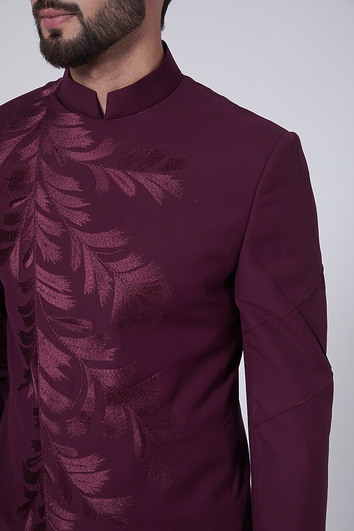 Wine Embroidered Wedding Bandhgala Jacket by Jatin Malik at Pernia's Pop Up Shop