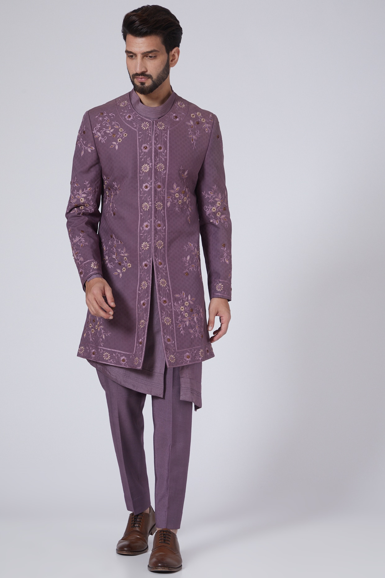 Embroidered Dupion Silk Kurta Jacket Set in Light Purple : MUX892