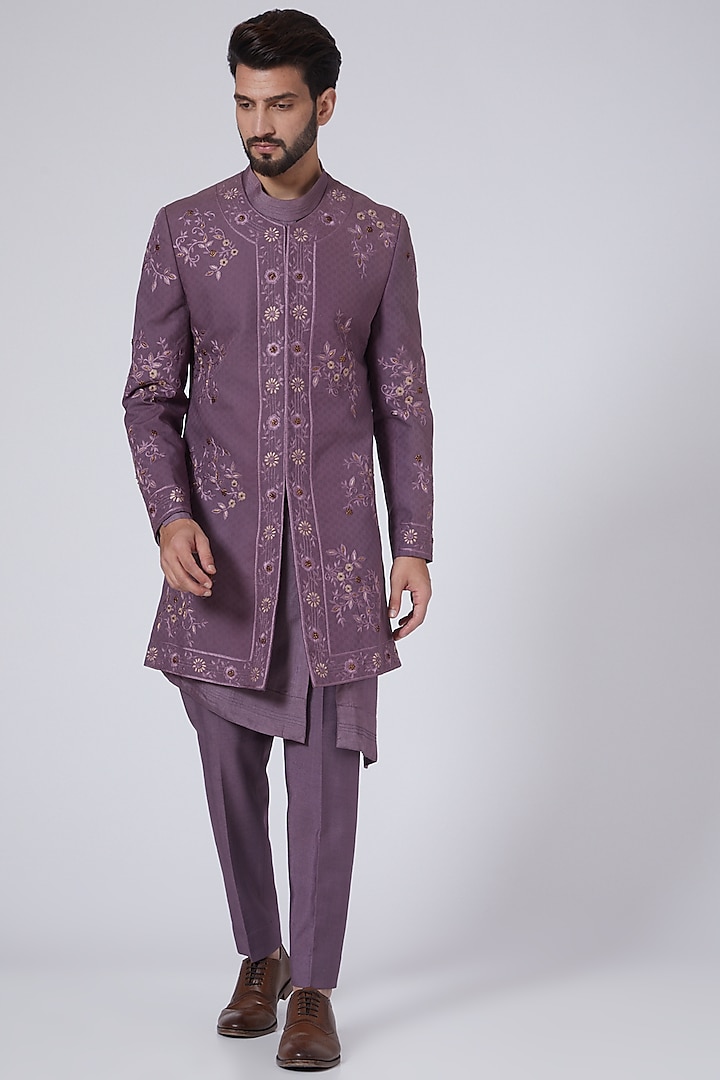 English Purple Embroidered Jacket Set by Jatin Malik