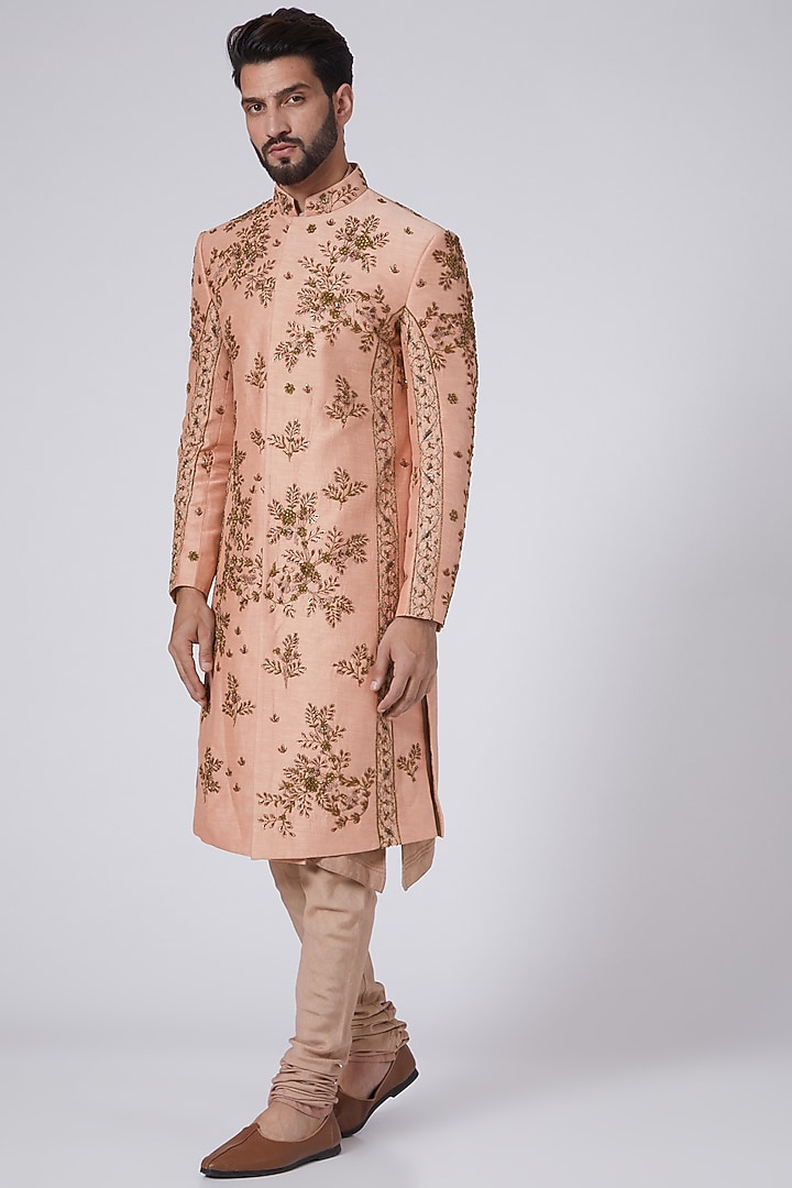Old Rose 3D Brass Embroidered Groom Sherwani Set by Jatin Malik at Pernia's Pop Up Shop