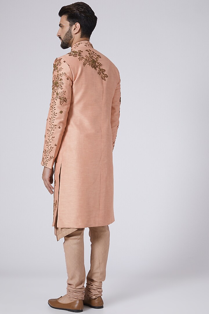 Old Rose 3D Brass Embroidered Groom Sherwani Set by Jatin Malik at Pernia's Pop Up Shop
