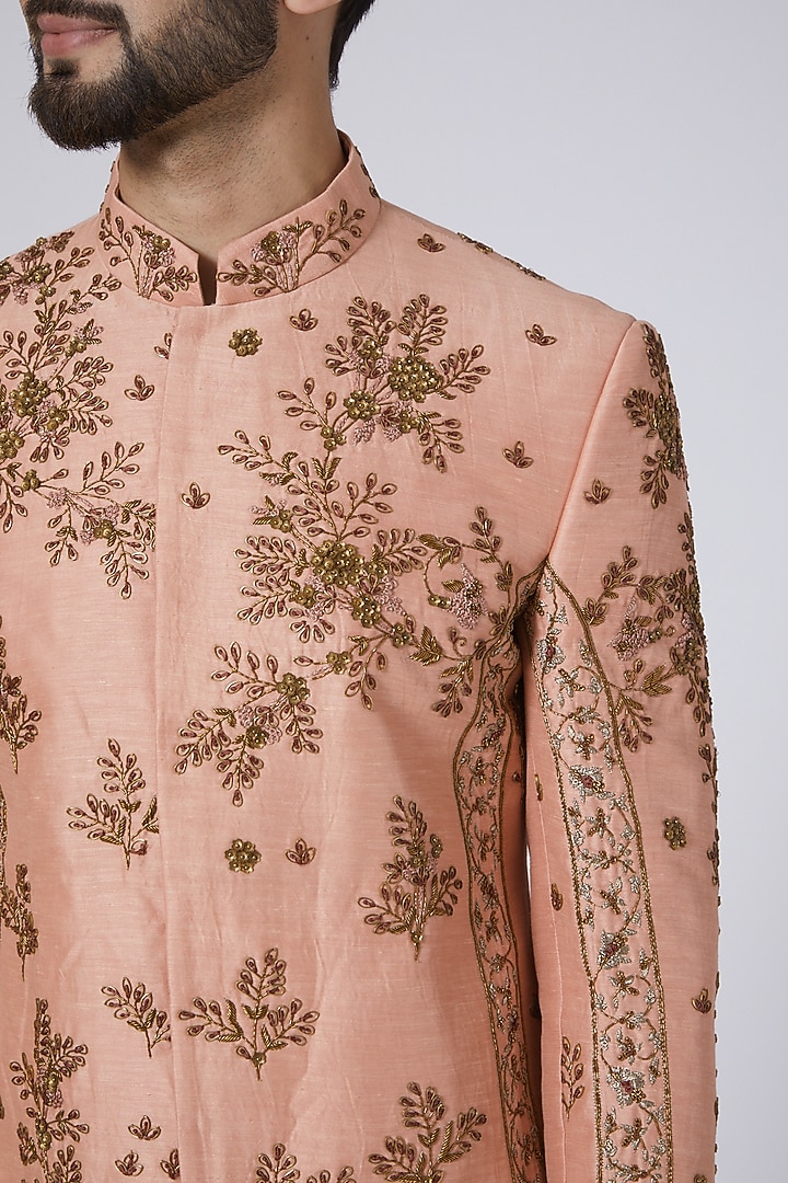 Old Rose 3D Brass Embroidered Groom Sherwani Set by Jatin Malik at Pernia's Pop Up Shop