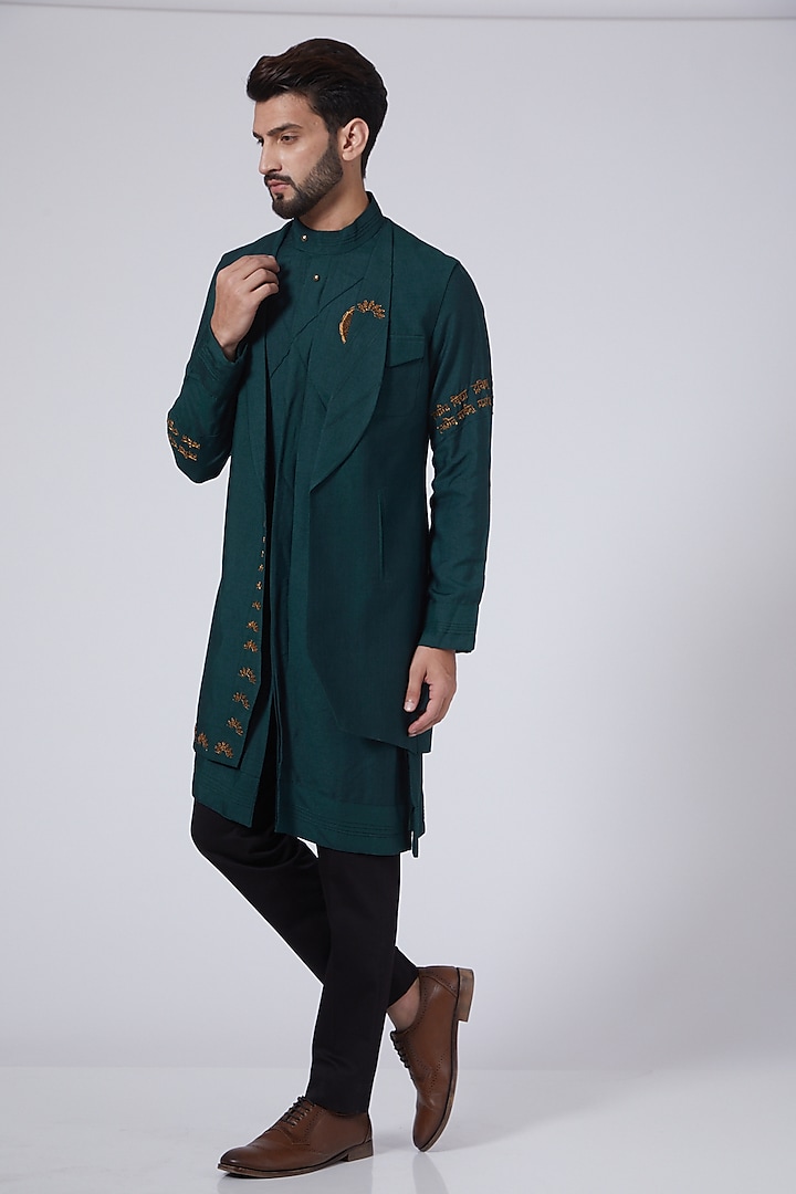Teal Green Slub Silk Embroidered Indowestern Set by Jatin Malik