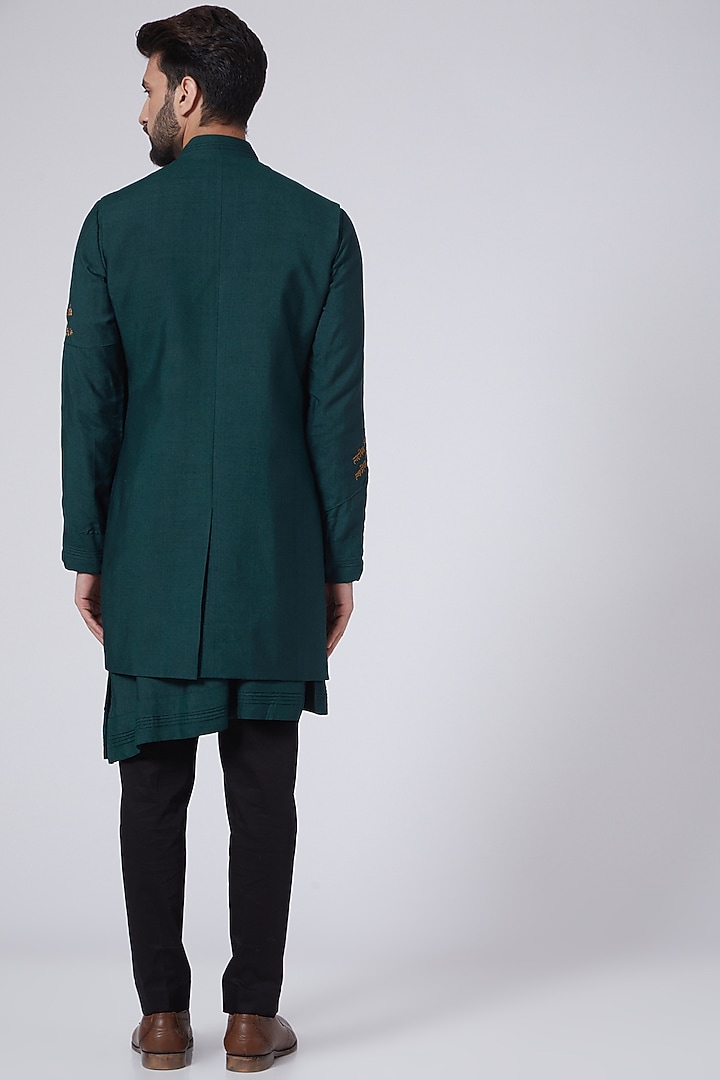 Teal Green Slub Silk Embroidered Groom Indowestern Set by Jatin Malik at Pernia's Pop Up Shop