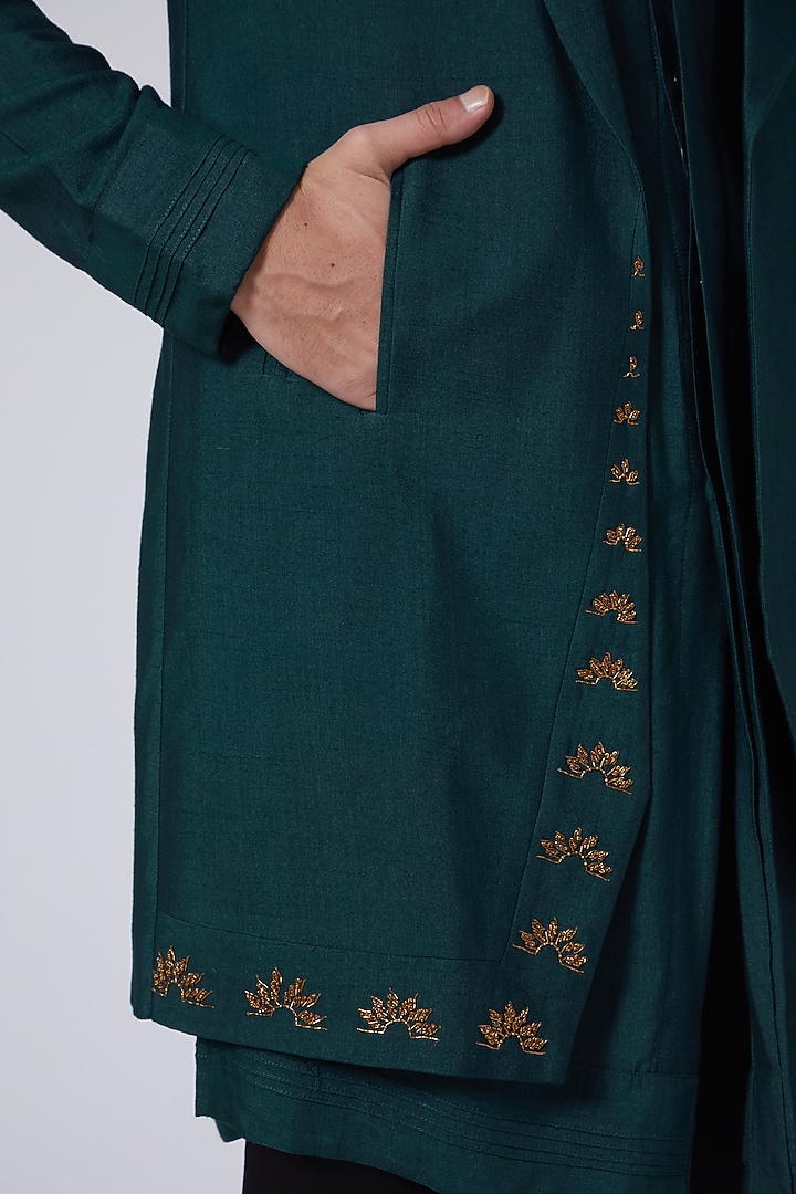 Teal Green Slub Silk Embroidered Groom Indowestern Set by Jatin Malik at Pernia's Pop Up Shop