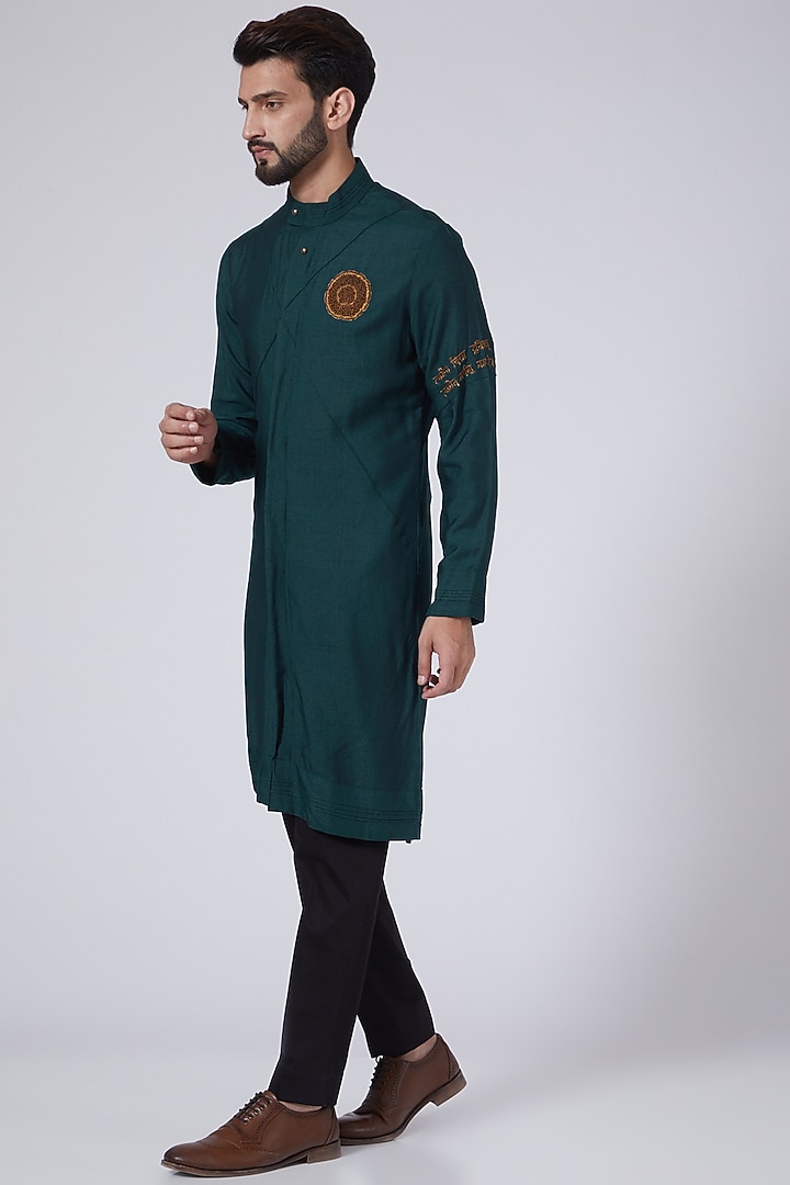Teal Green Slub Silk Embroidered Groom Indowestern Set by Jatin Malik at Pernia's Pop Up Shop