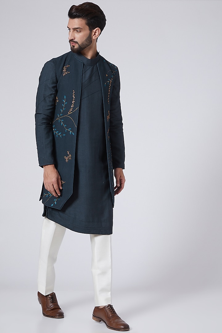 Midnight Blue Silk Hand Embroidered Indowesern Jacket Set by Jatin Malik