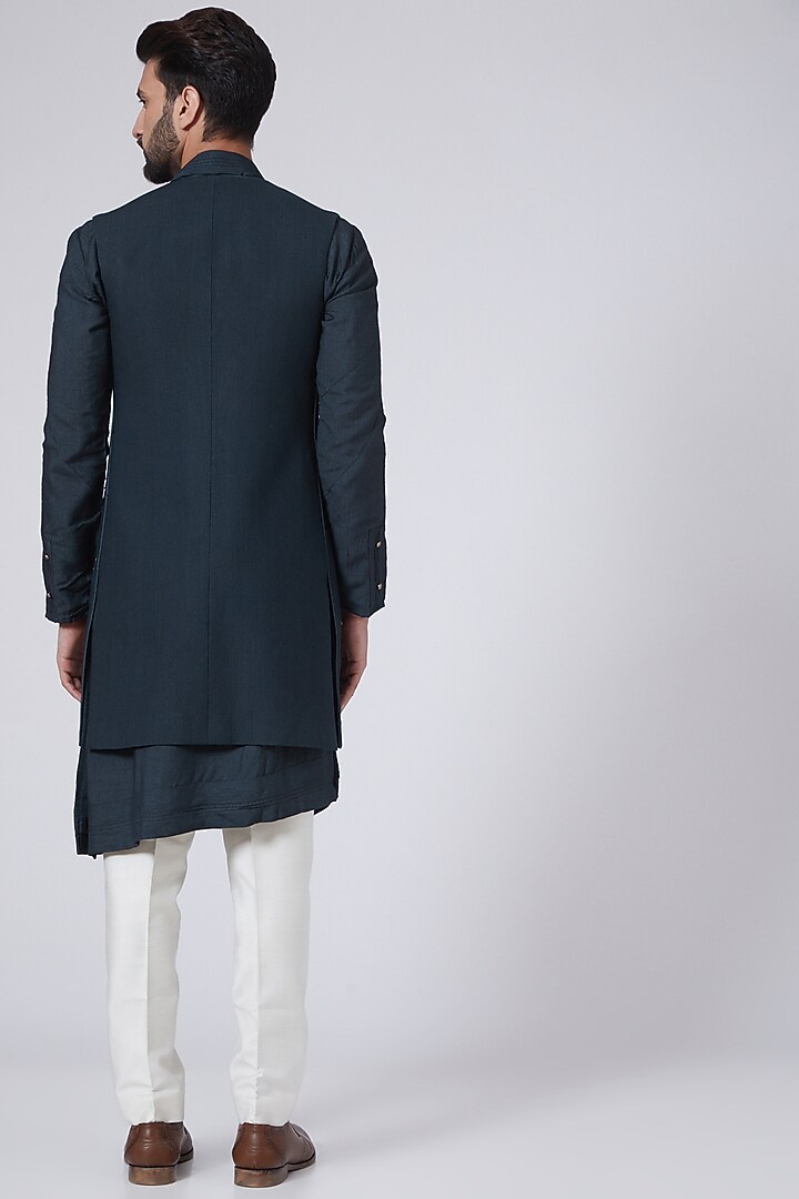 Midnight Blue Silk Hand Embroidered Indowesern Jacket Set by Jatin Malik at Pernia's Pop Up Shop