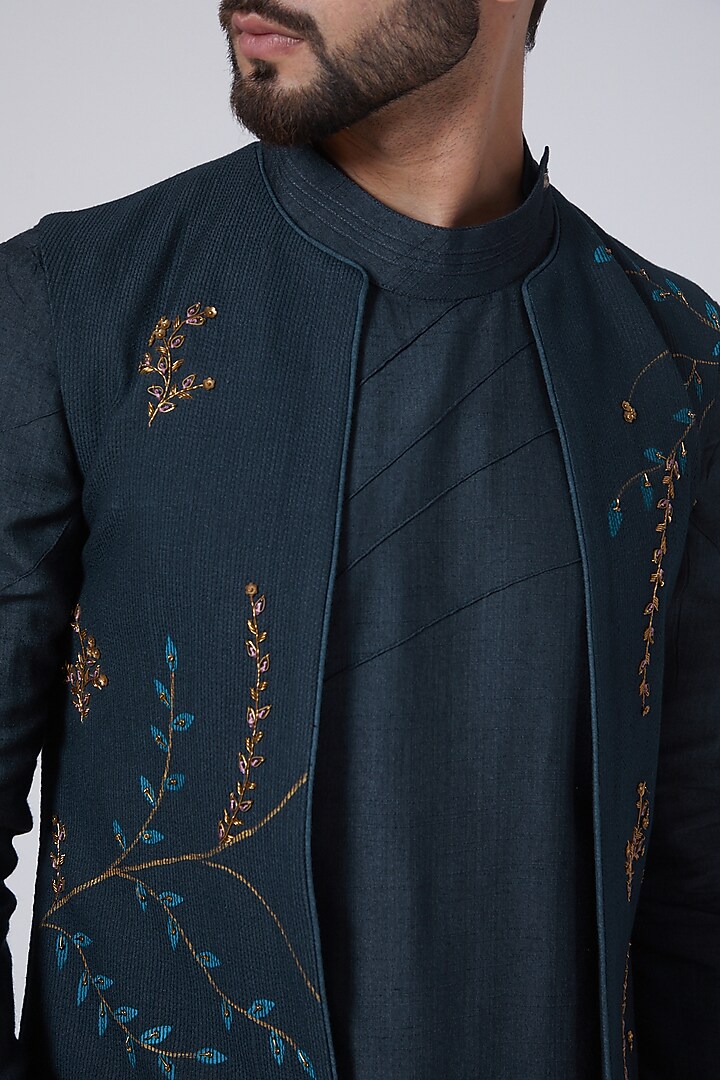Midnight Blue Silk Hand Embroidered Indowesern Jacket Set by Jatin Malik at Pernia's Pop Up Shop