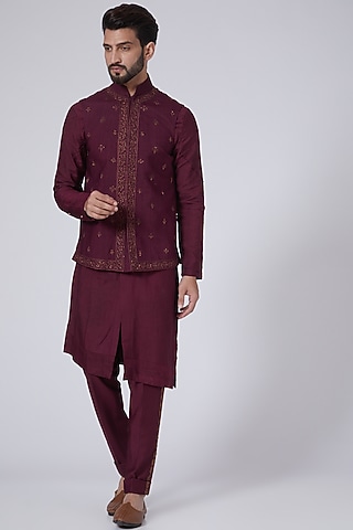 Wine Embroidered Kurta Set With Nehru Jacket by Jatin Malik