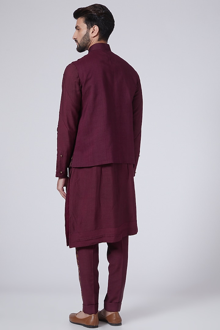 Wine Embroidered Kurta Set With Nehru Jacket by Jatin Malik at Pernia's Pop Up Shop