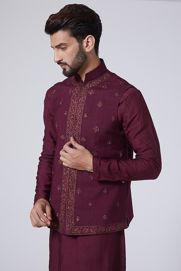Wine Embroidered Kurta Set With Nehru Jacket by Jatin Malik at Pernia's Pop Up Shop
