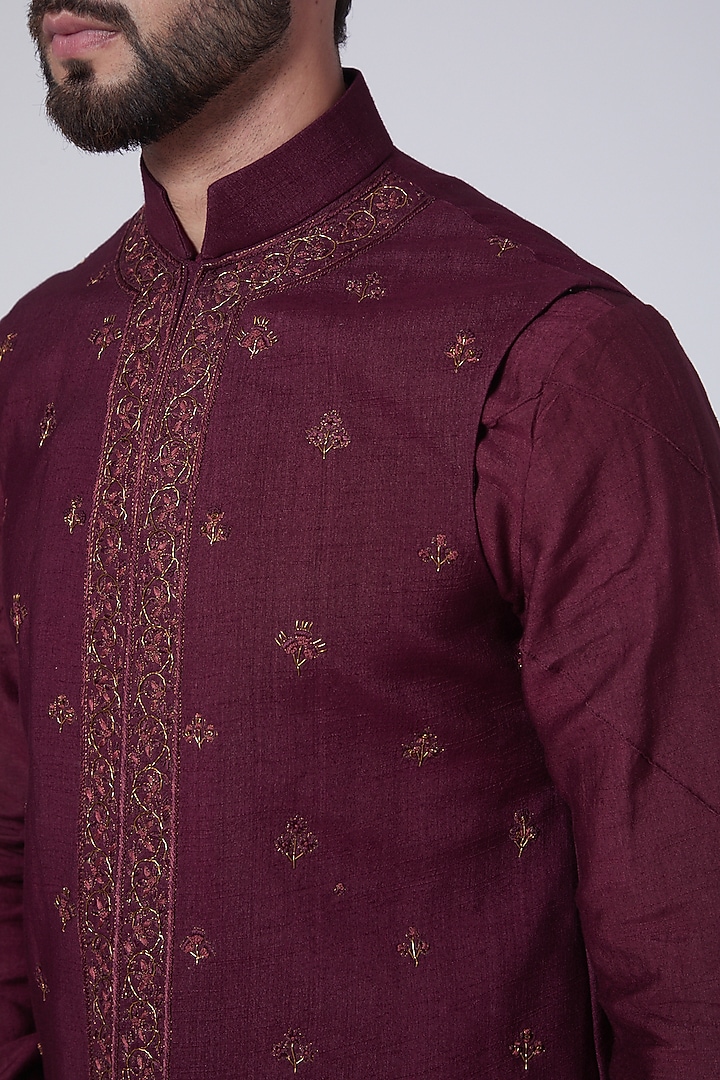 Wine Embroidered Kurta Set With Nehru Jacket by Jatin Malik at Pernia's Pop Up Shop