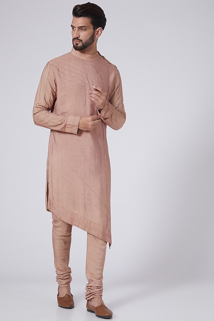 Champagne Asymmetrical Kurta Set by Jatin Malik