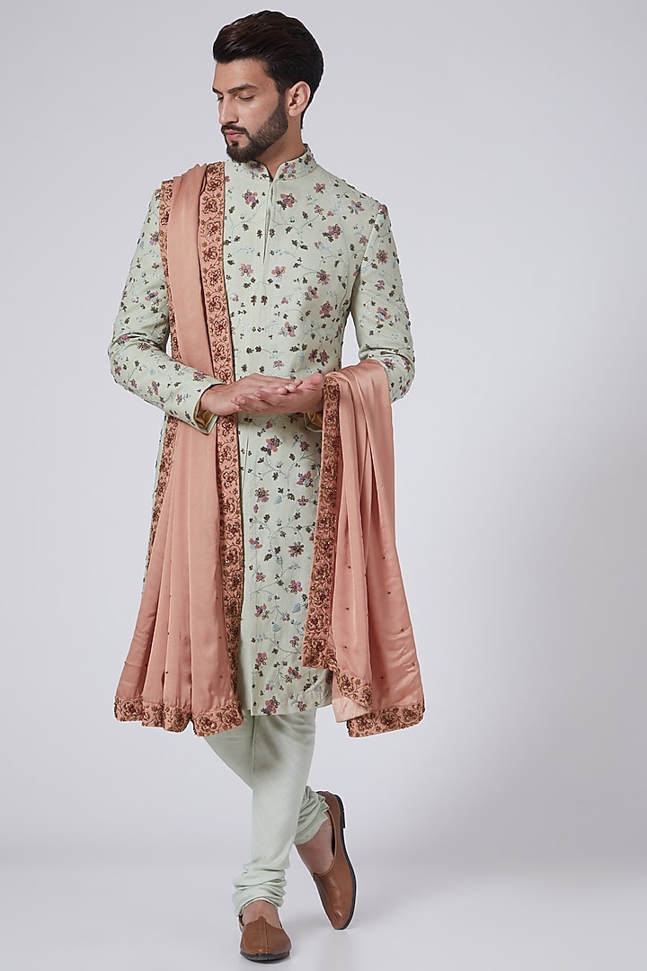 Duck Egg Blue Embroidered Sherwani Set by Jatin Malik