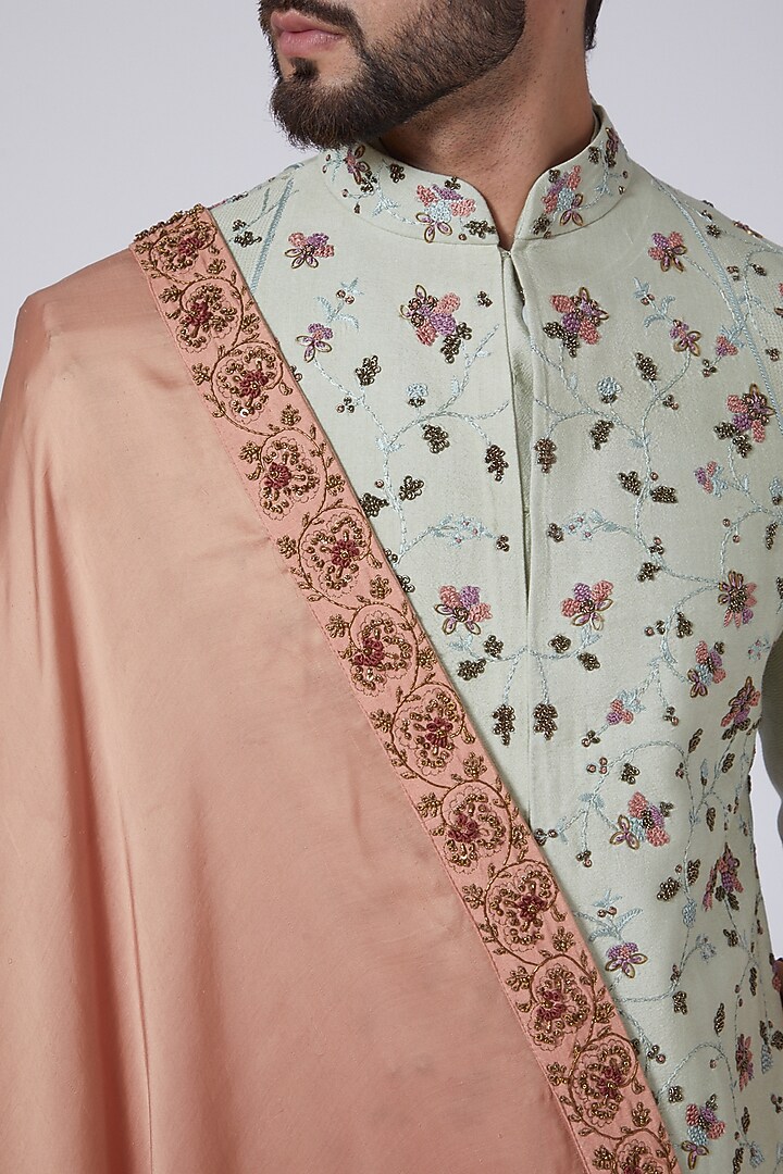 Duck-Egg Blue Silk Floral Embroidered Groom Sherwani Set by Jatin Malik at Pernia's Pop Up Shop
