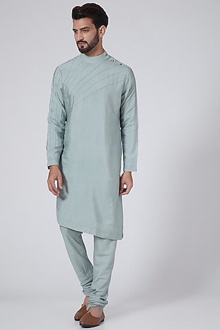 Ice Blue Asymmetrical Kurta Set by Jatin Malik