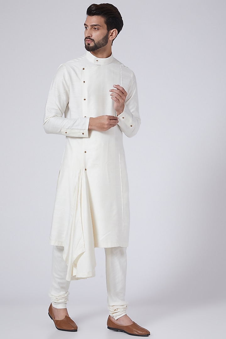 Ivory Side Draped Kurta Set by Jatin Malik
