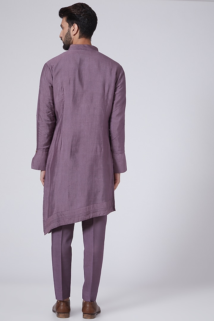 English Purple Slub Silk Asymmetric Kurta Set by Jatin Malik at Pernia's Pop Up Shop
