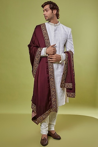 Maroon Tencel Satin Hand Embroidered Shawl by Jatin Malik
