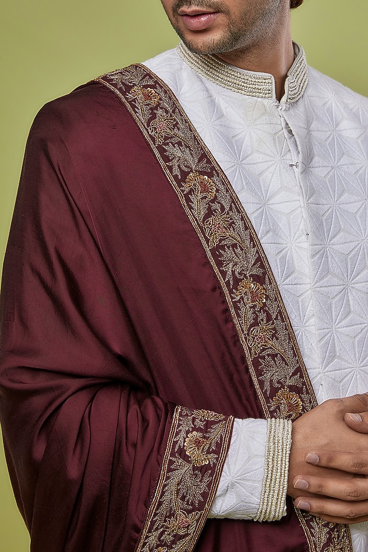 Maroon Tencel Satin Hand Embroidered Shawl by Jatin Malik at Pernia's Pop Up Shop