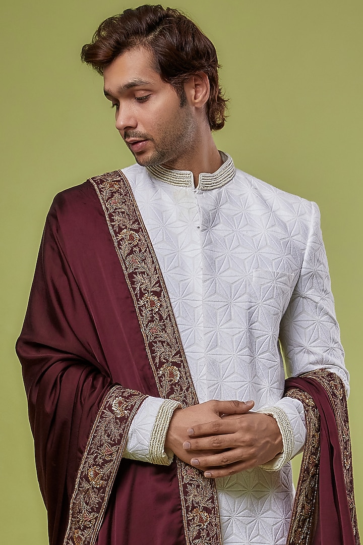 Maroon Tencel Satin Hand Embroidered Shawl by Jatin Malik at Pernia's Pop Up Shop