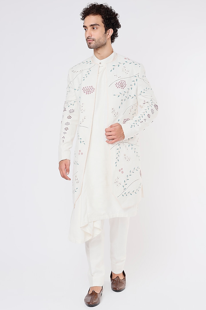 White Silk Achkan Jacket Set by Jatin Malik