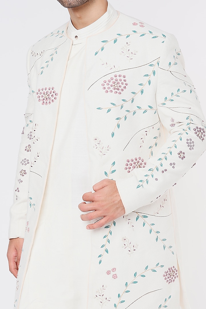White Silk Achkan Jacket Set by Jatin Malik at Pernia's Pop Up Shop