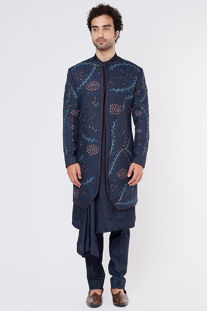 Blue Silk Achkan Jacket Set by Jatin Malik