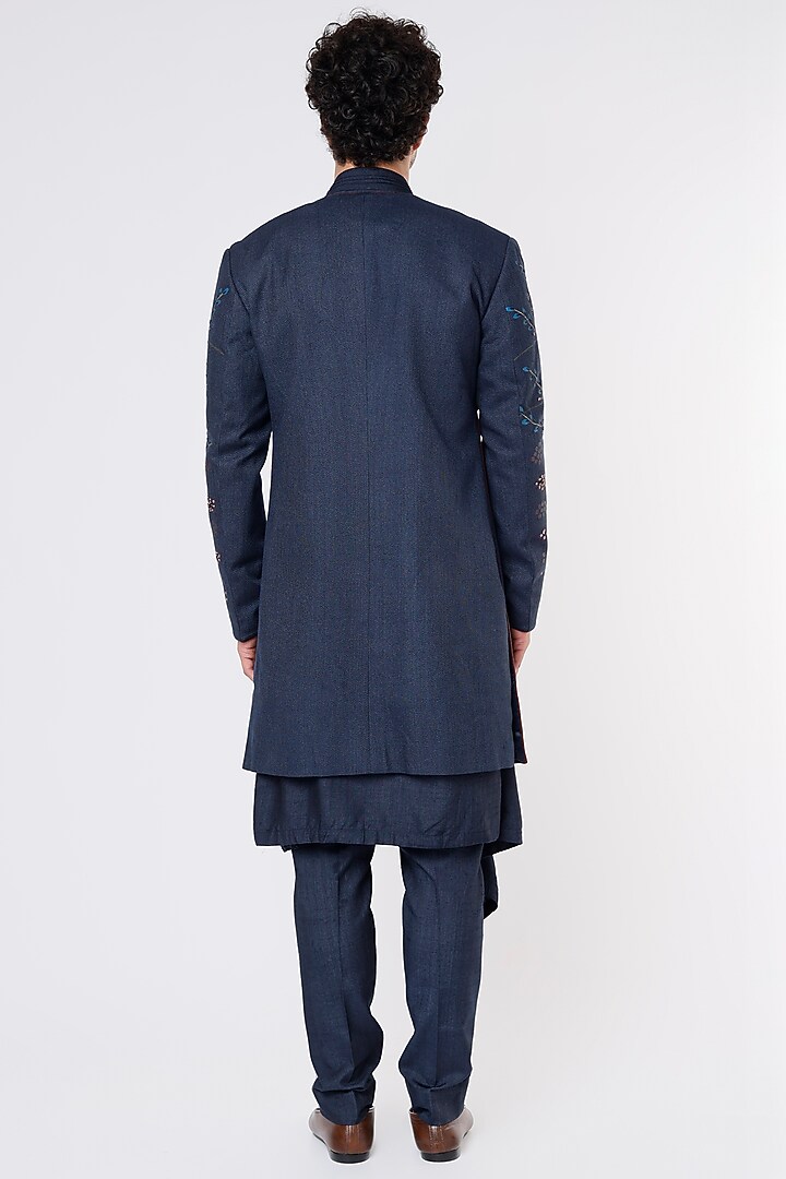 Blue Silk Achkan Jacket Set by Jatin Malik at Pernia's Pop Up Shop