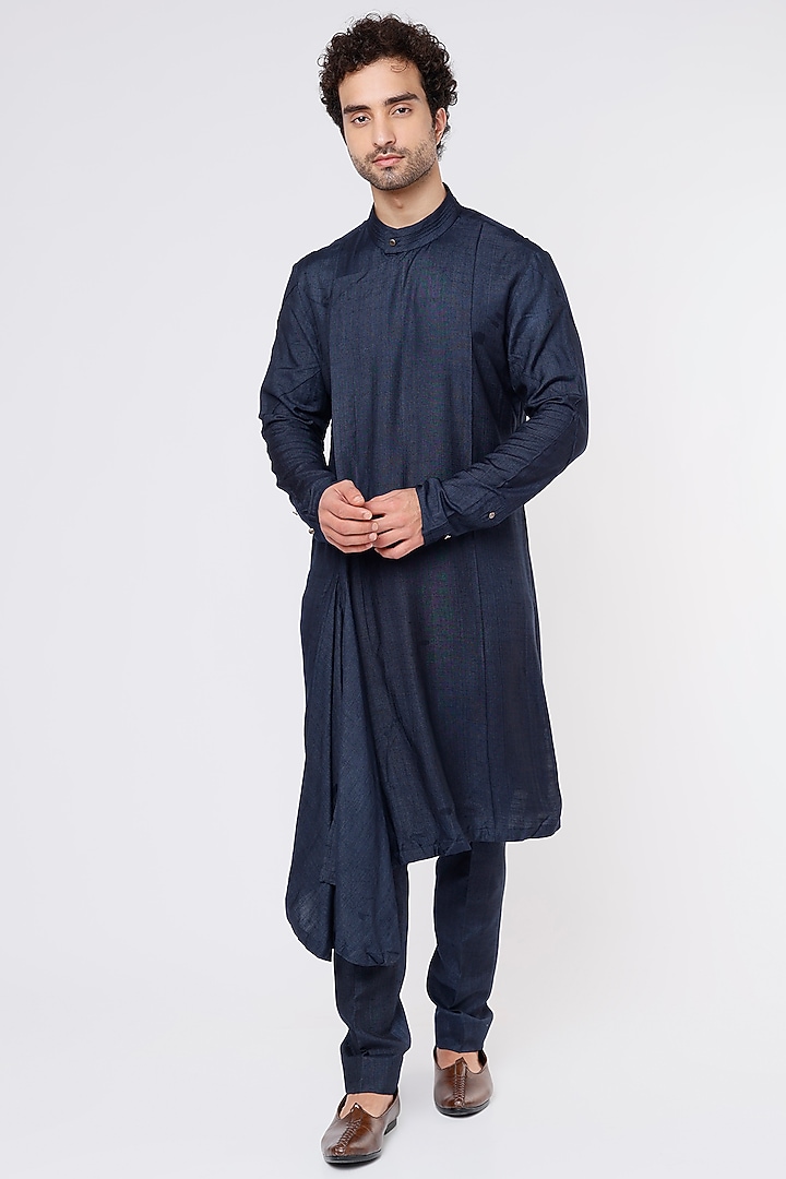 Blue Silk Achkan Jacket Set by Jatin Malik at Pernia's Pop Up Shop