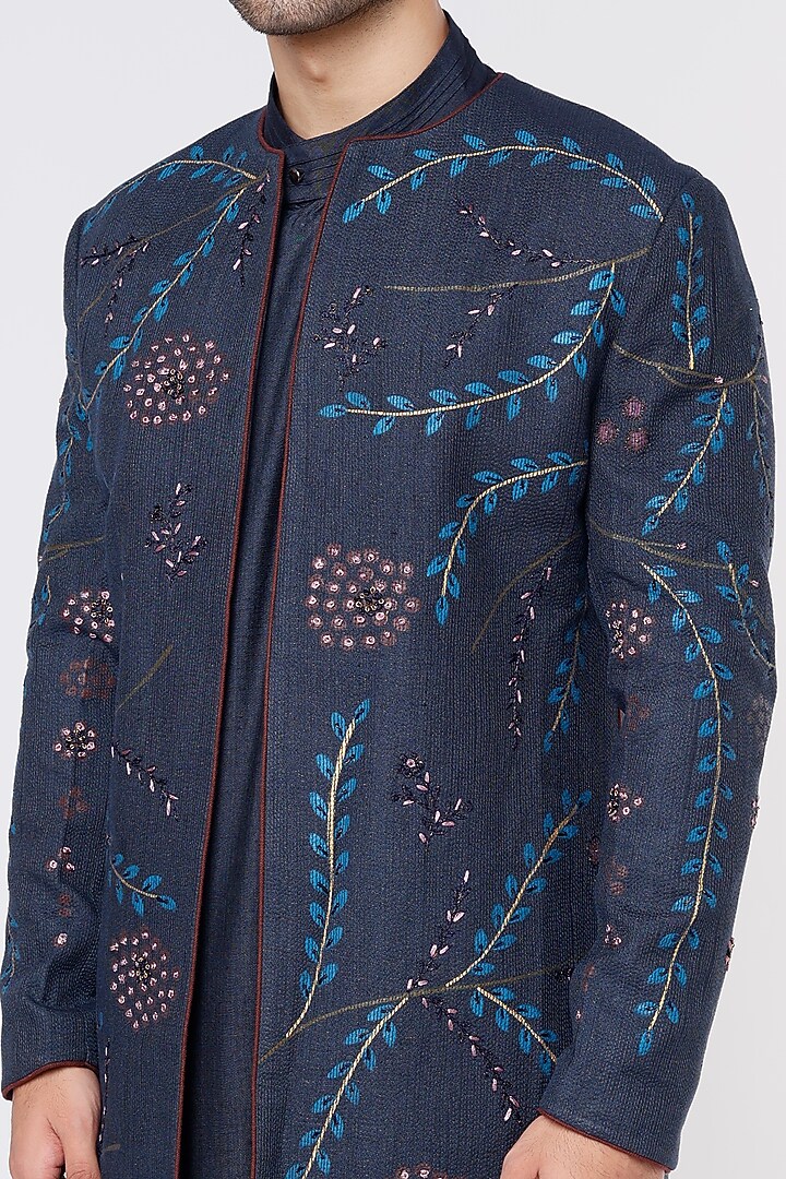 Blue Silk Achkan Jacket Set by Jatin Malik at Pernia's Pop Up Shop