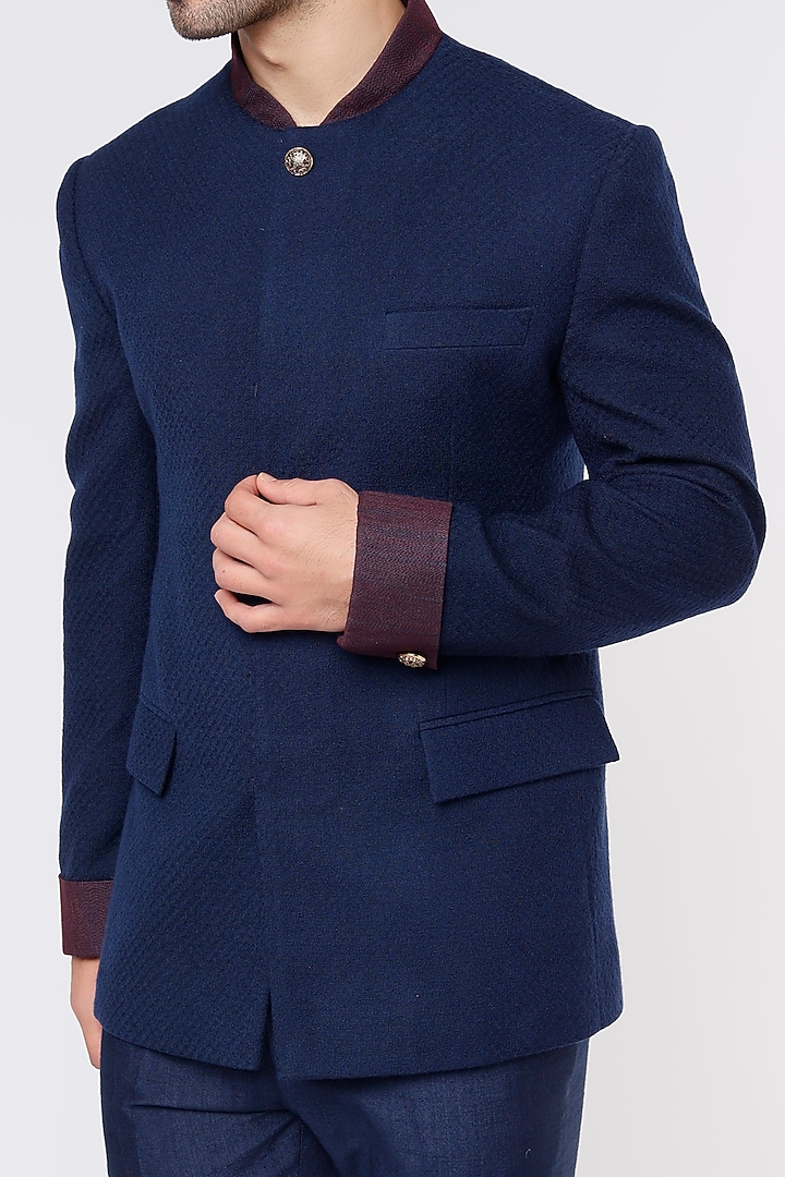 Blue Textured Wedding Bandhgala Jacket Set by Jatin Malik at Pernia's Pop Up Shop