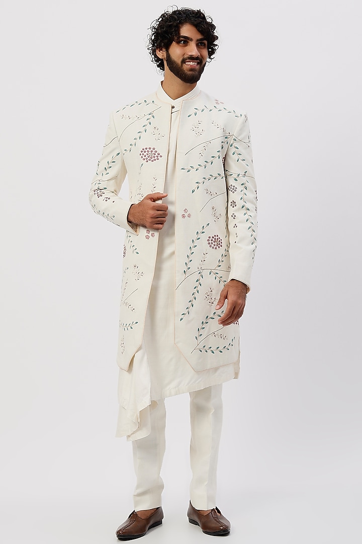 White Slub Silk Indo-Western Jacket Set by Jatin Malik