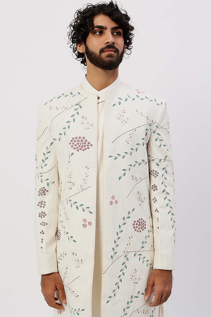White Slub Silk Indo-Western Jacket Set by Jatin Malik at Pernia's Pop Up Shop