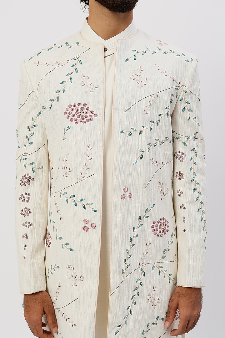 White Slub Silk Indo-Western Jacket Set by Jatin Malik at Pernia's Pop Up Shop