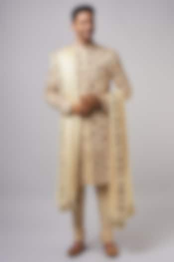 Blush Pink Linen Silk Embroidered Sherwani Set by Jatin Malik