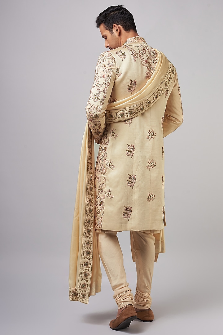 Blush Pink Linen Silk Embroidered Groom Sherwani Set by Jatin Malik at Pernia's Pop Up Shop