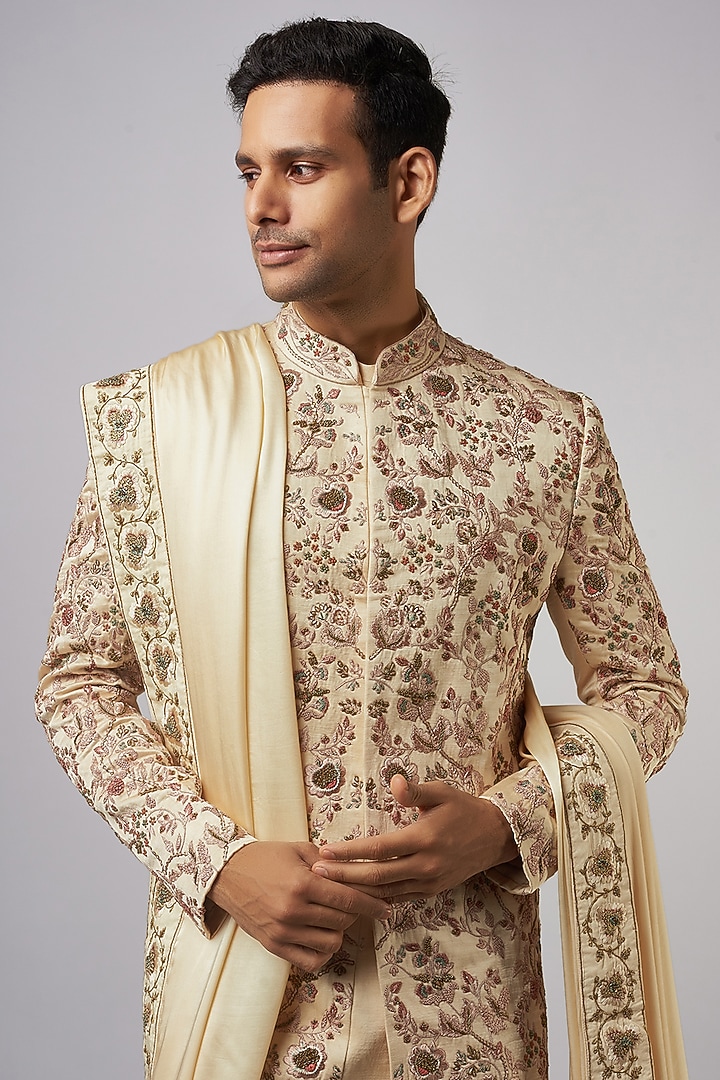 Blush Pink Linen Silk Embroidered Groom Sherwani Set by Jatin Malik at Pernia's Pop Up Shop