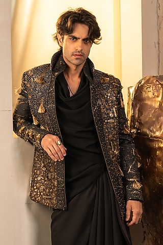 Multi-Colored Jacquard Hand Embroidered Jacket by Jatin Malik