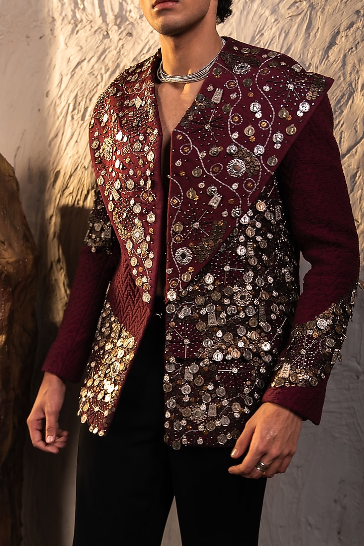 Black & Pink Jacquard Gold Embroidered Jacket Set by Jatin Malik at Pernia's Pop Up Shop