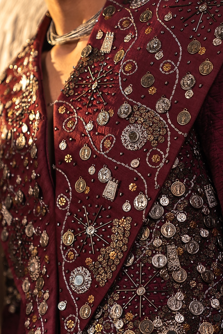 Black & Pink Jacquard Gold Embroidered Jacket Set by Jatin Malik at Pernia's Pop Up Shop